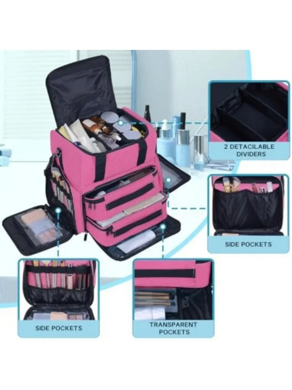 Spacious Red Makeup Bag with 2 Removable Cases - Perfect for Travel